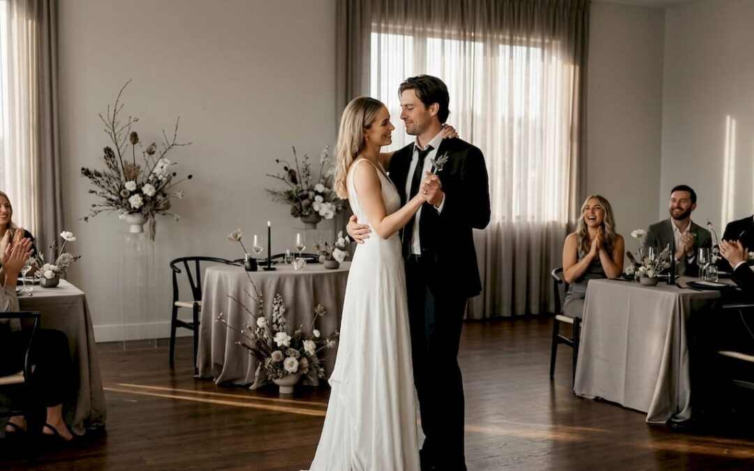 Bride and groom dancing at wedding reception