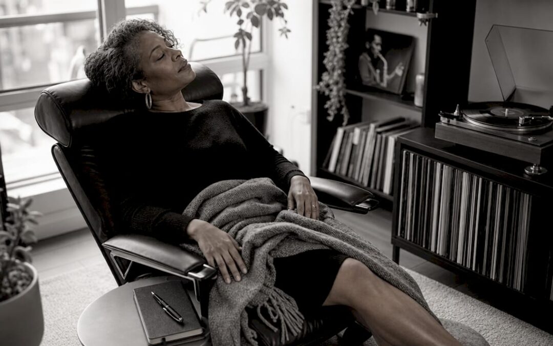 Woman deeply listening to soul music at home