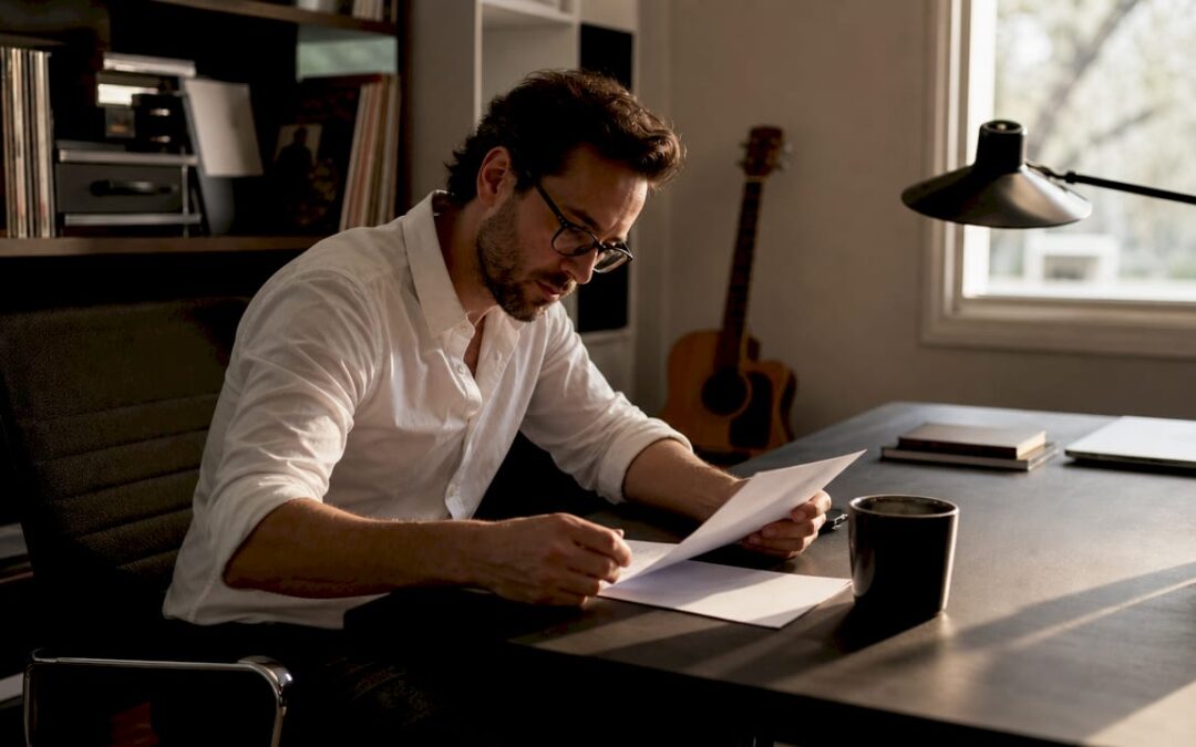 Musician reviewing printed band set list at home table