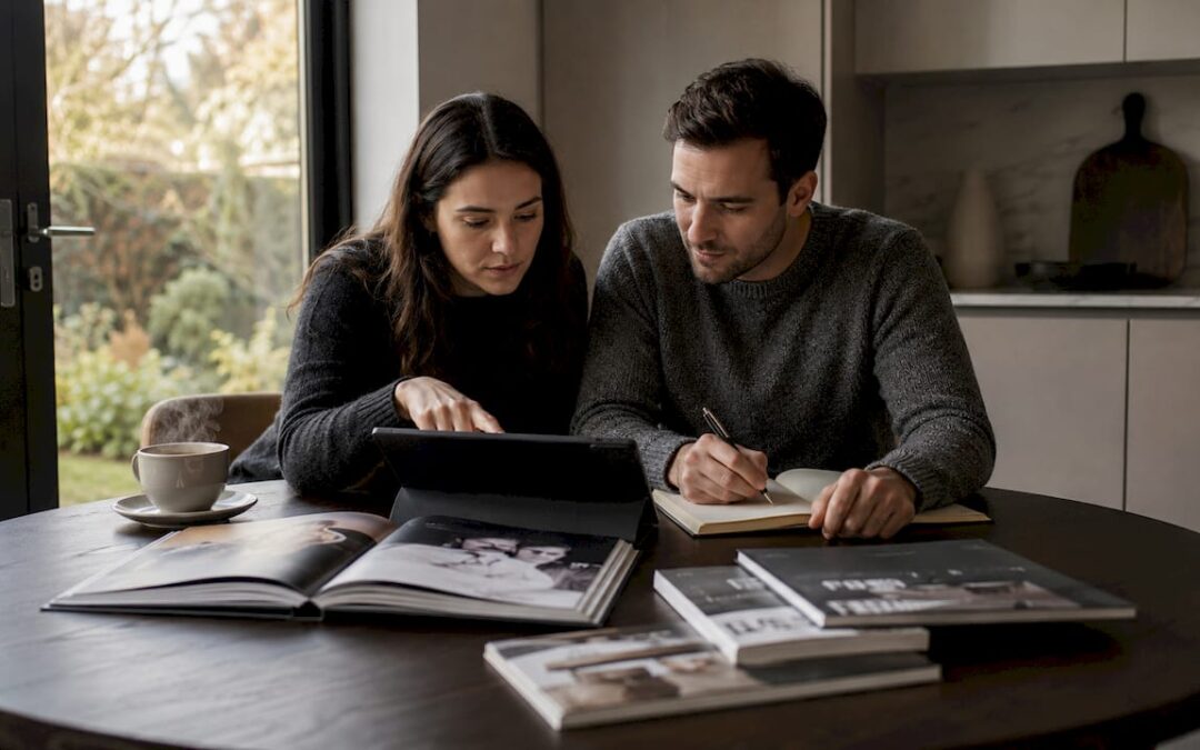 Couple reviewing wedding band videos at home