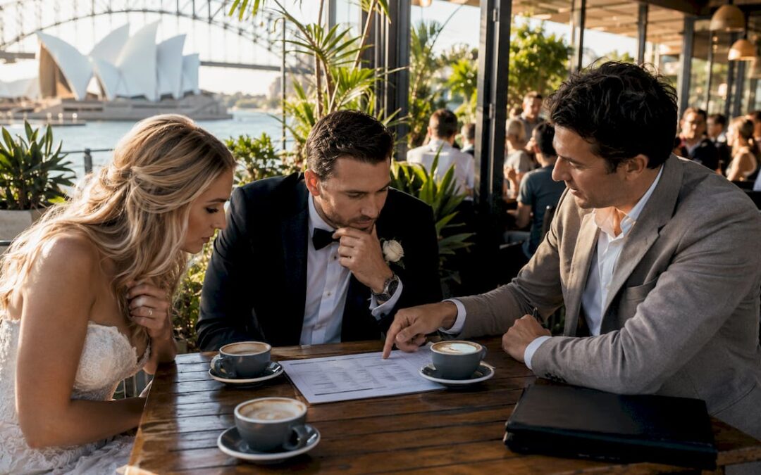 Couple reviewing wedding band checklist with band leader