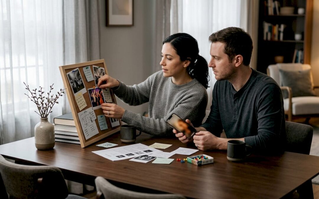Couple making wedding music vision board together