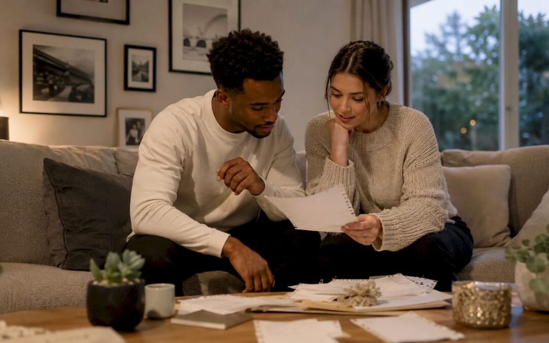 Couple planning wedding music together