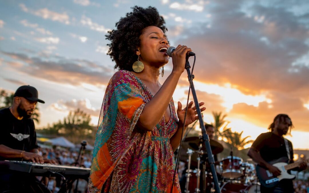 Woman passionately singing R&B soul music on stage