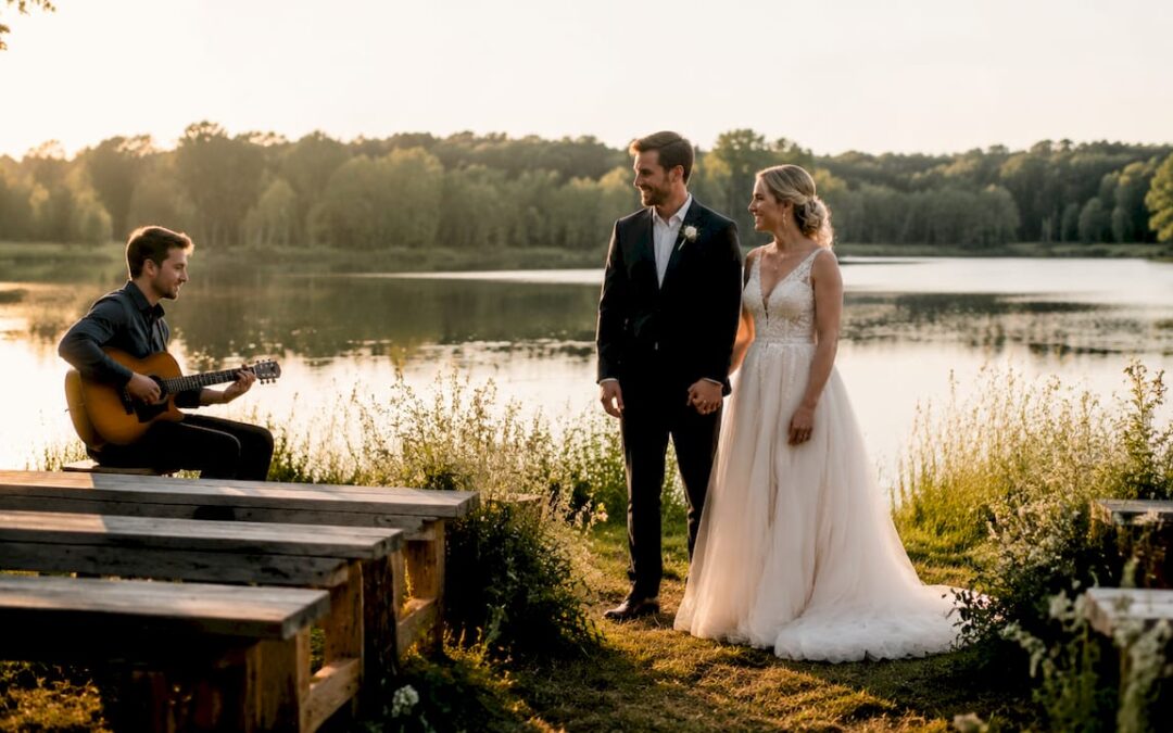 Bride and groom during live wedding music ceremony