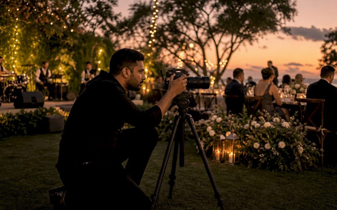 Photographer setting up at wedding live music venue