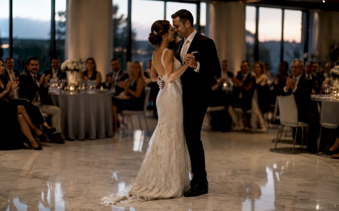 Bride and groom dancing at wedding reception