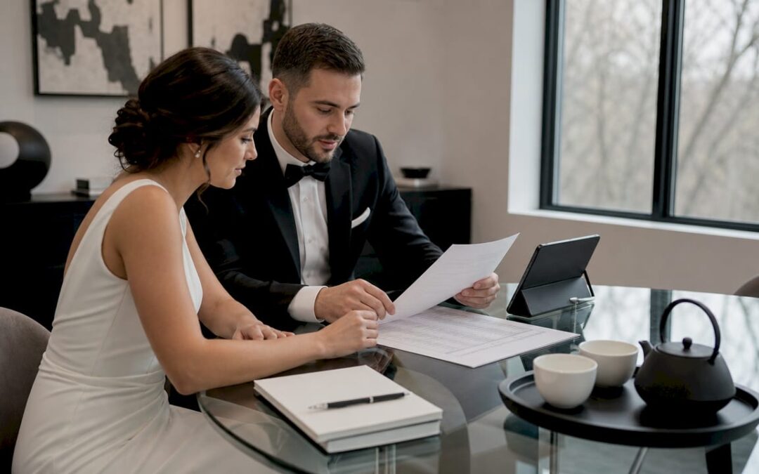 Couple briefing wedding band details