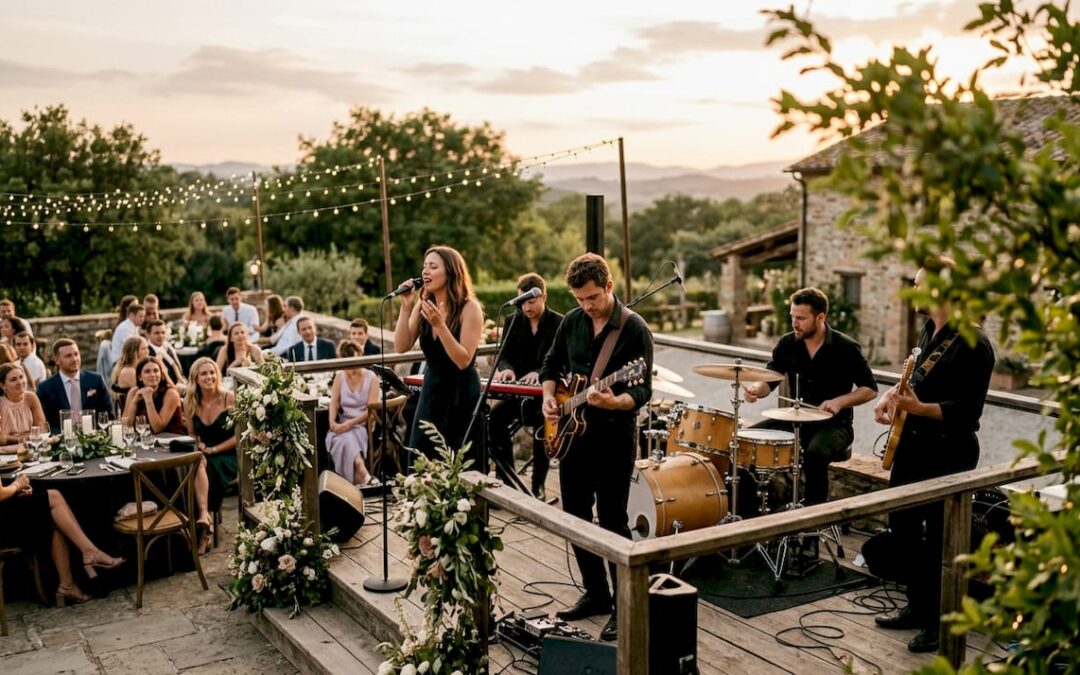 Live wedding band performing on decorated indoor stage