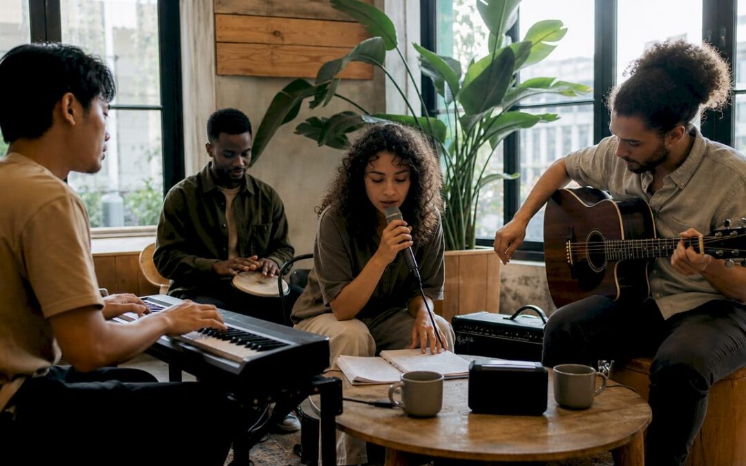 Wedding band rehearsing custom song in studio