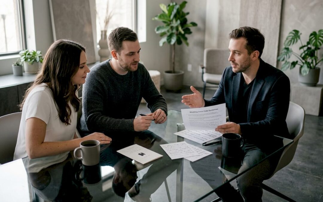Couple reviewing wedding band dress code with band leader
