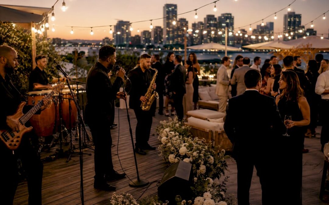 Live wedding band performing at outdoor reception