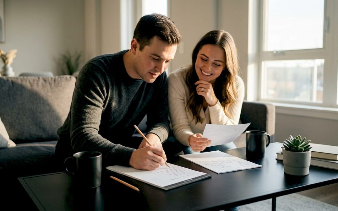 Couple curating wedding song list at home
