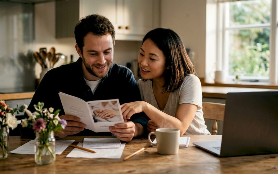 Couple reviewing wedding band options at home