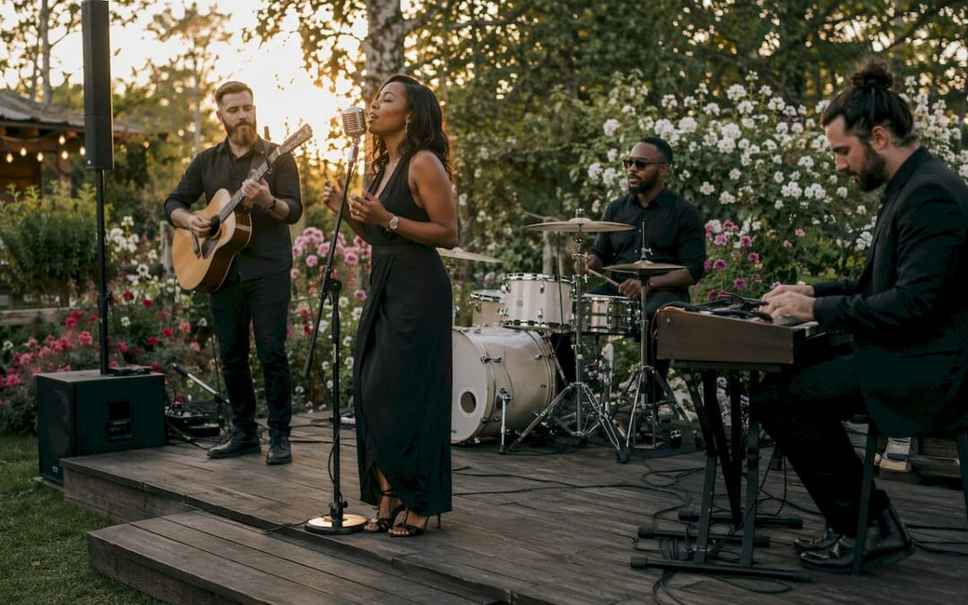 Outdoor wedding band performing live in garden
