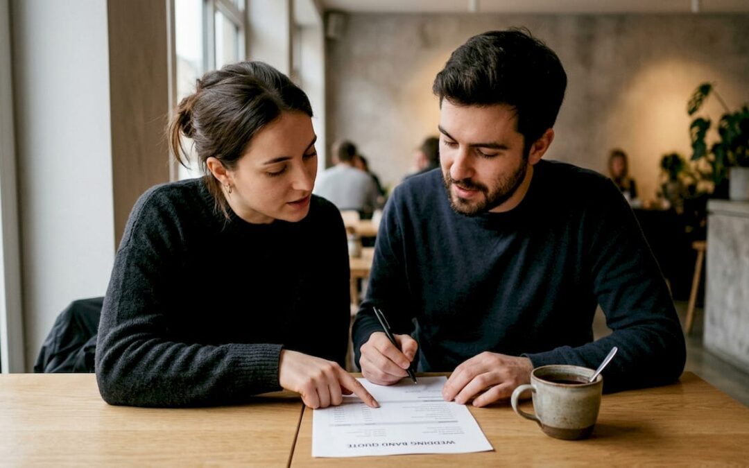 Couple reviewing wedding band quote together