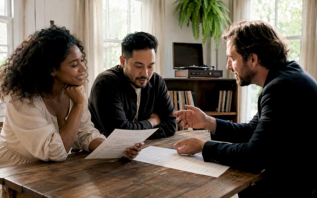 Couple consulting music professional at home office