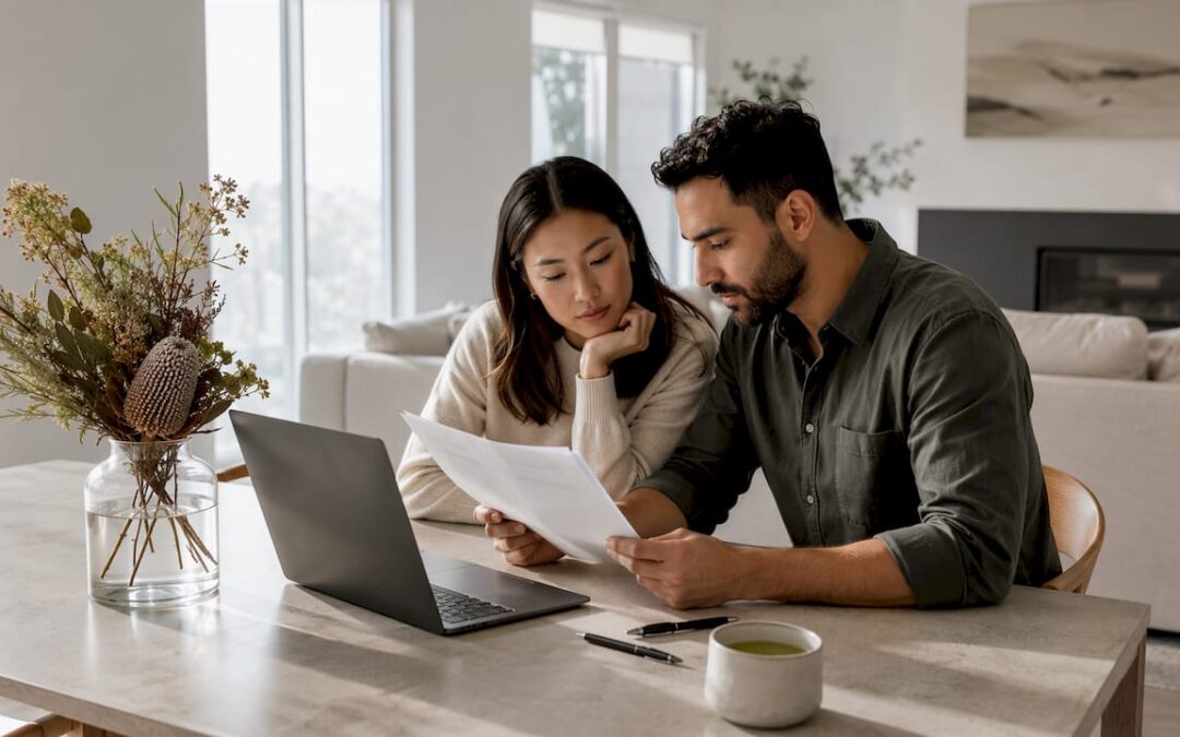 Couple planning wedding at kitchen table