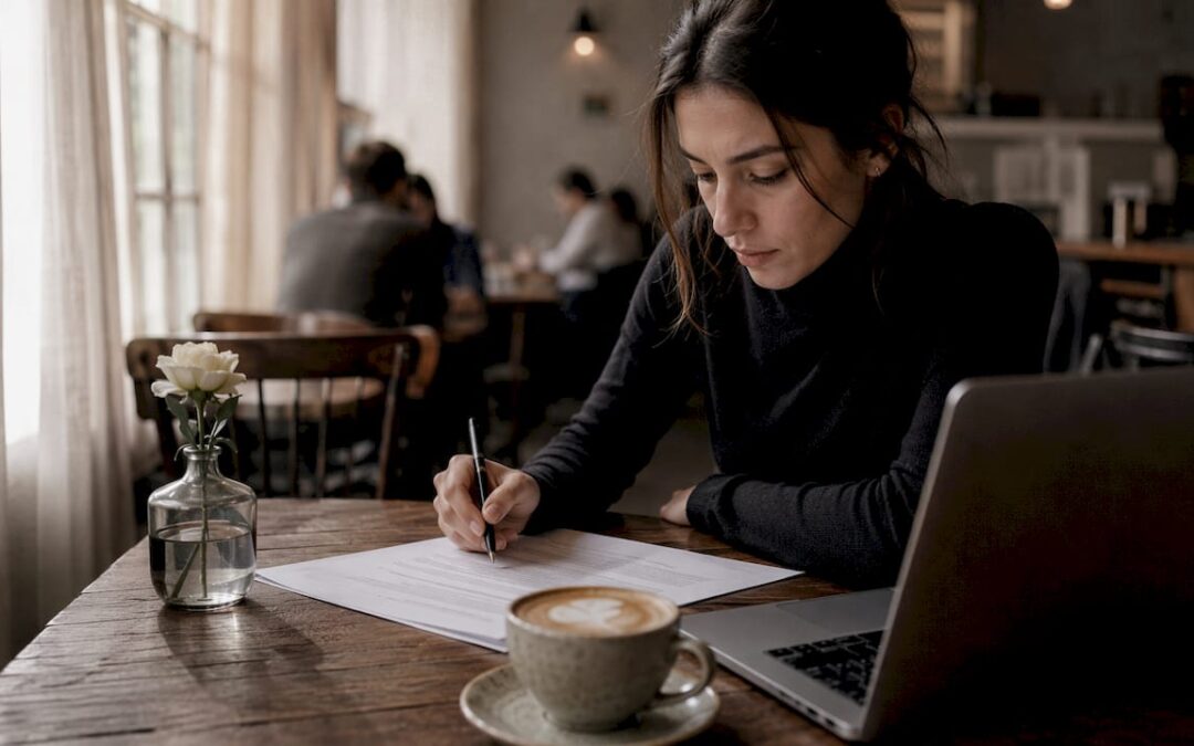 Woman reviewing wedding music deposit contract
