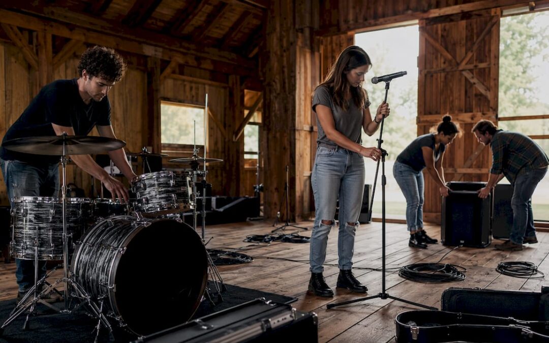 Wedding band setting up at venue outdoors