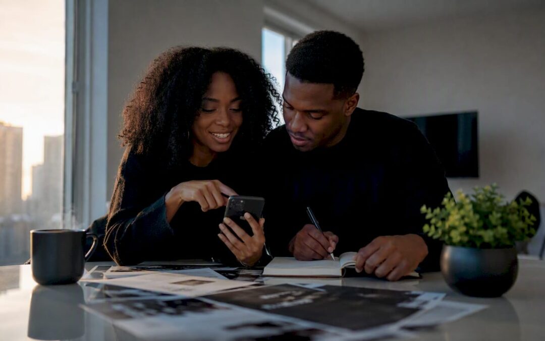 Couple reviewing R&B band booking options