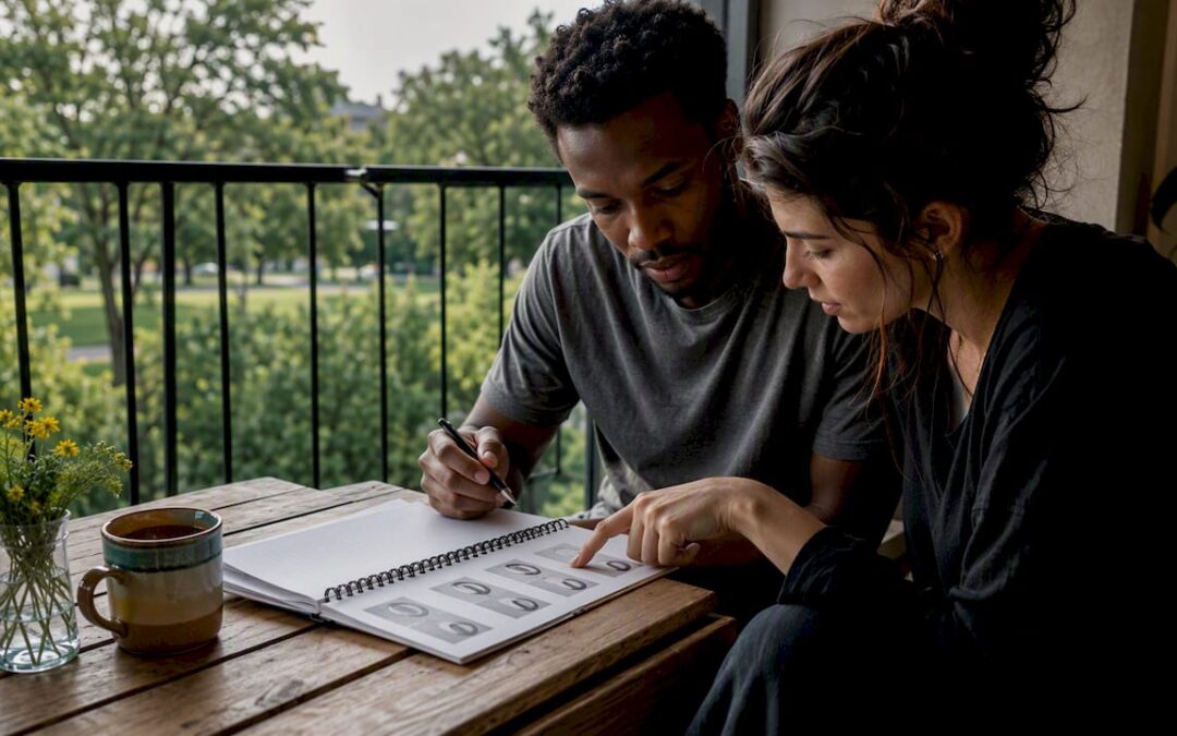 Couple reading wedding band reviews at home