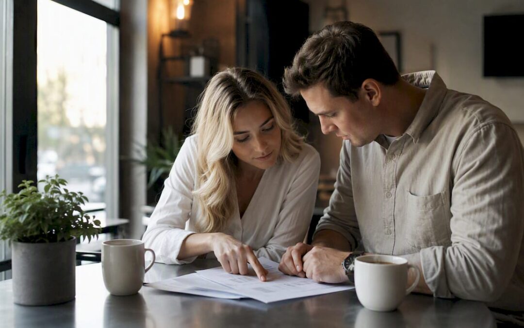 Newly engaged couple reviewing band contract at venue