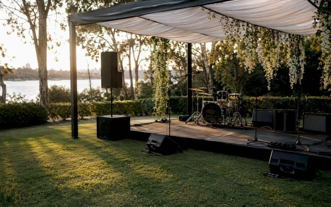 Setup of outdoor wedding live music stage