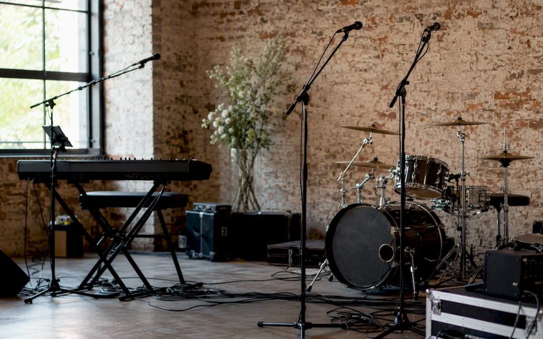 Instrument setup for live band in warehouse venue