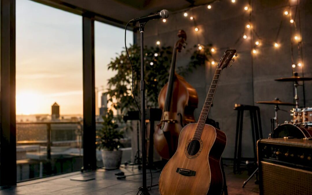 Close-up of modern soul band instruments setup