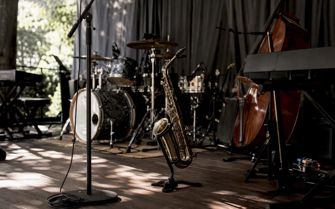 Wedding band instruments arranged for setup