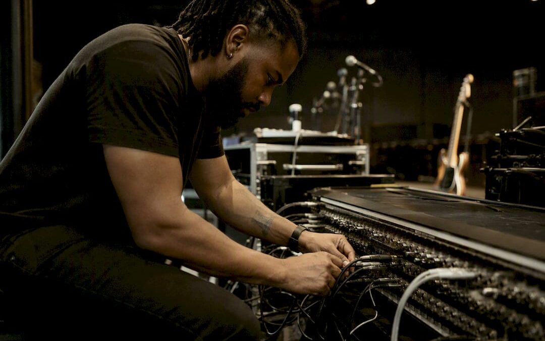 Band member plugging cables at mixing console