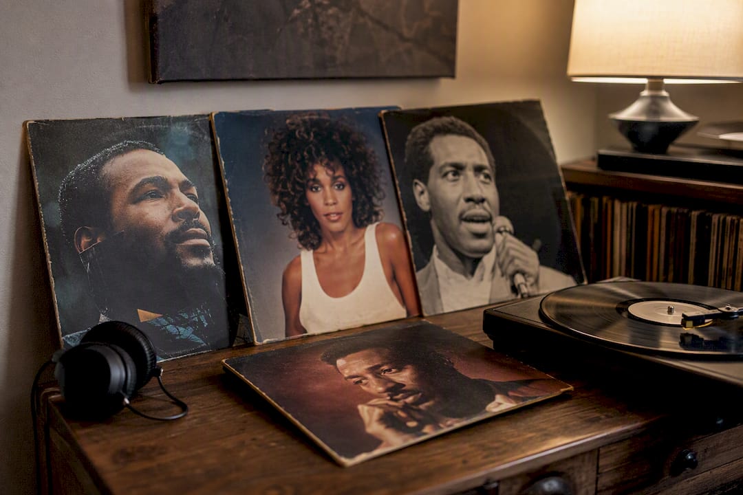 Classic RB vinyl records on table