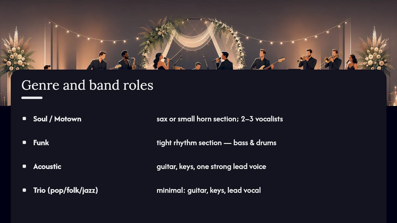 Chart of wedding band roles by music genre