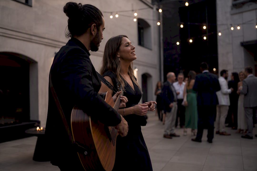 Musicians performing in conference foyer