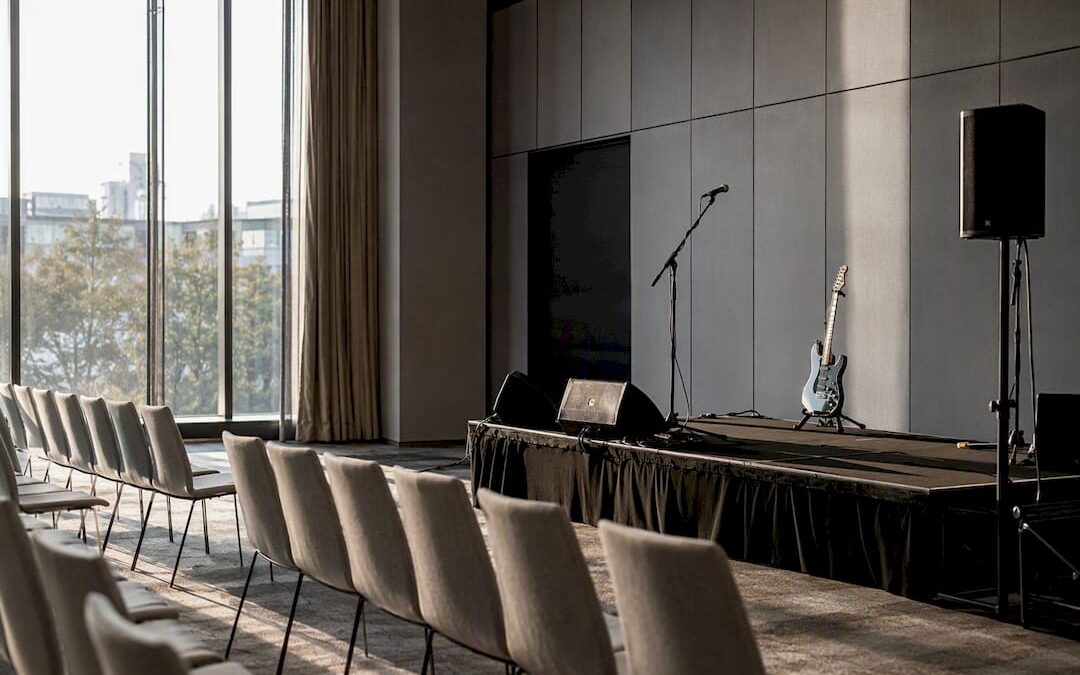 Conference reception stage setup with instruments