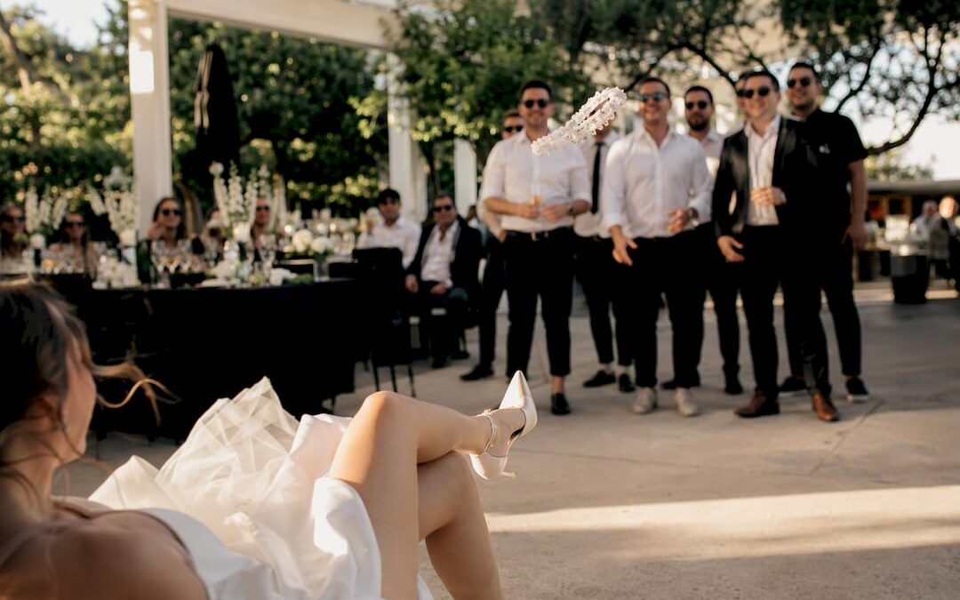 Wedding garter toss in action