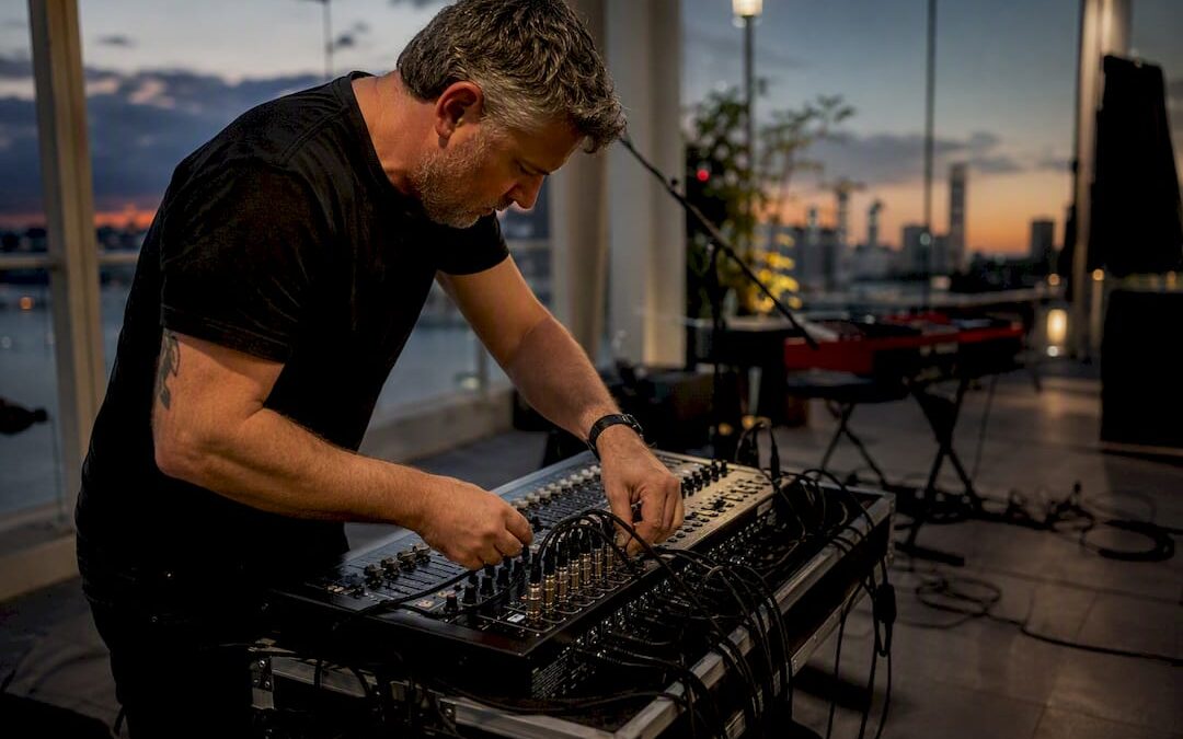 Sound technician wiring audio equipment
