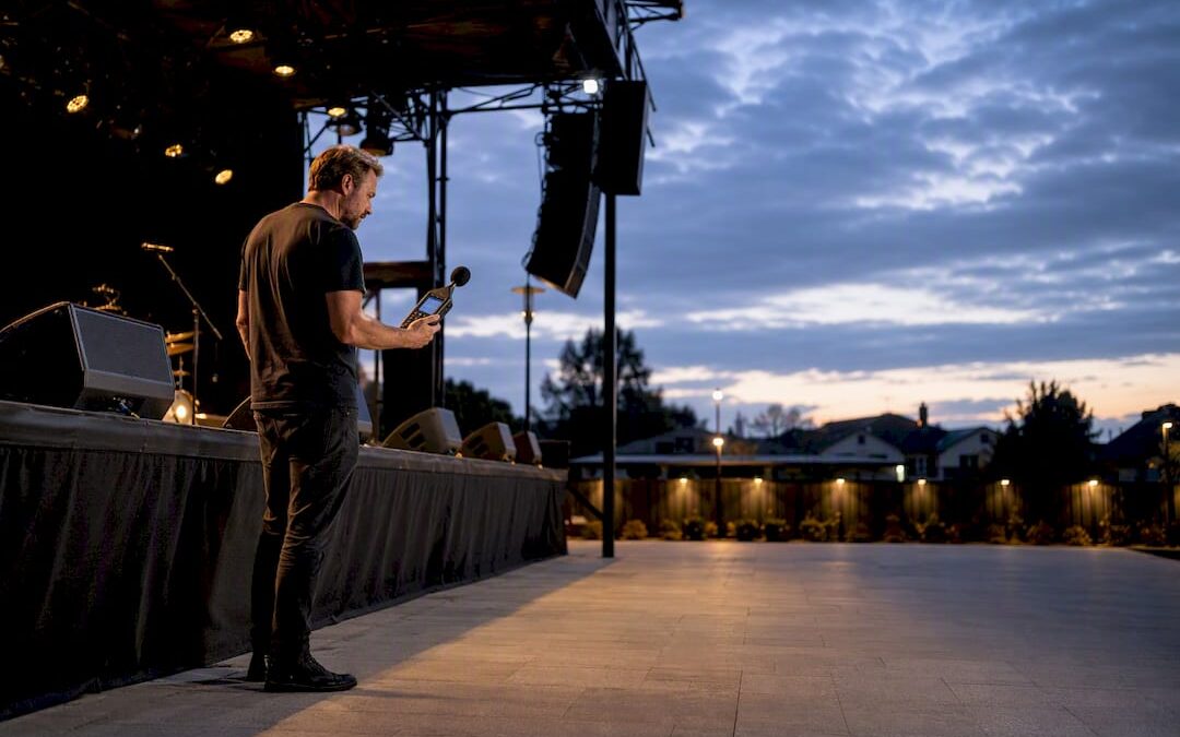 Outdoor Sydney event sound check at dusk