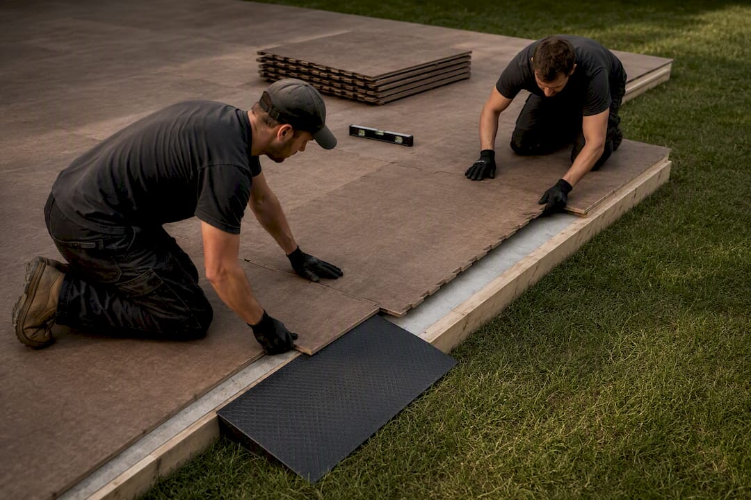 Workers levelling an outdoor wedding dance floor