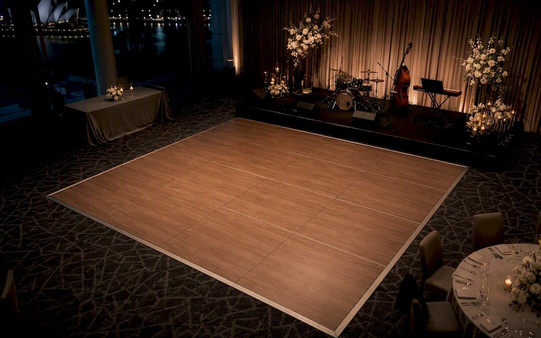 Wedding dance floor facing live band stage